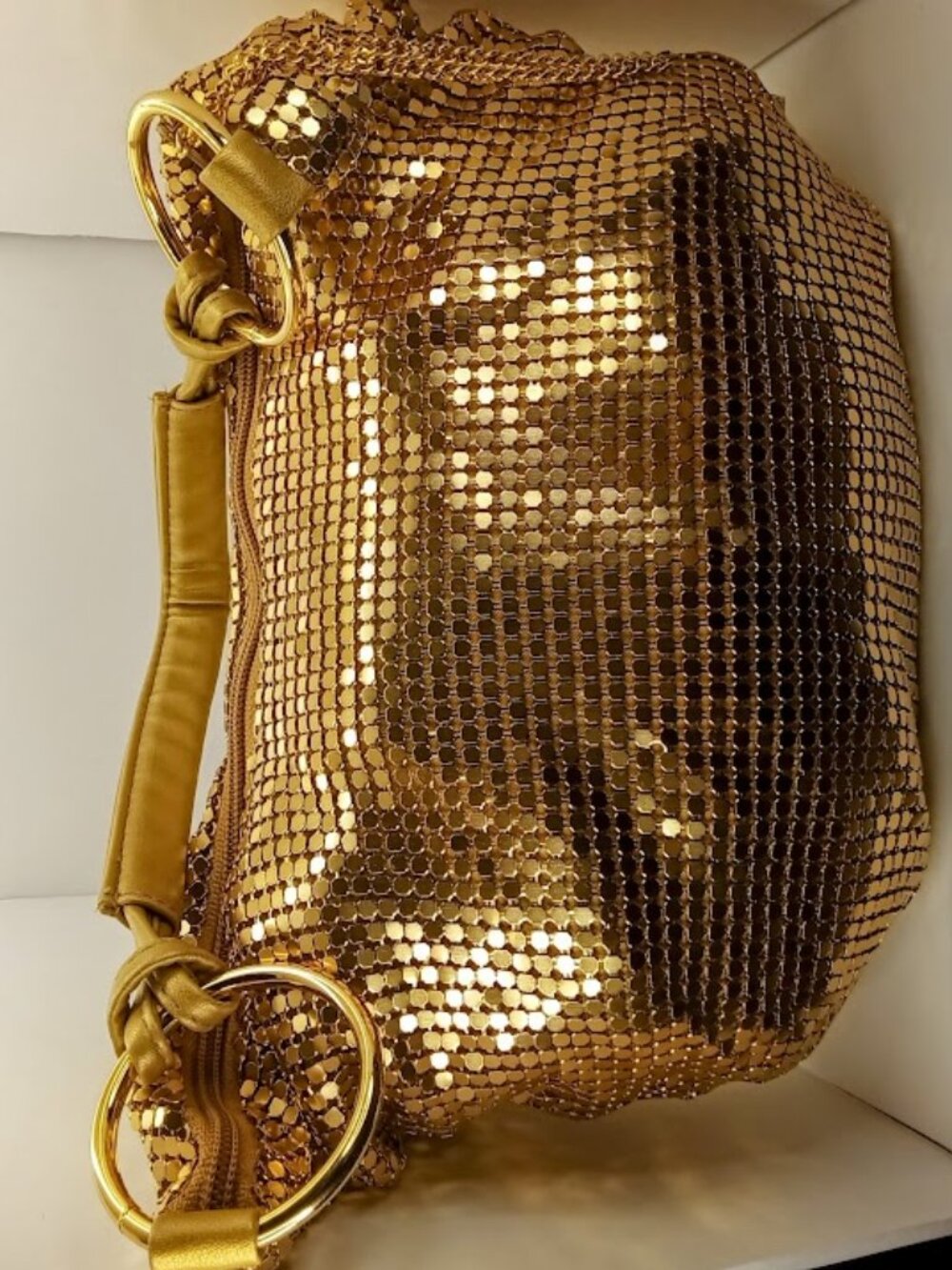 Gold Metal Mesh Shoulder Bag Ring Handle Evening Purse
